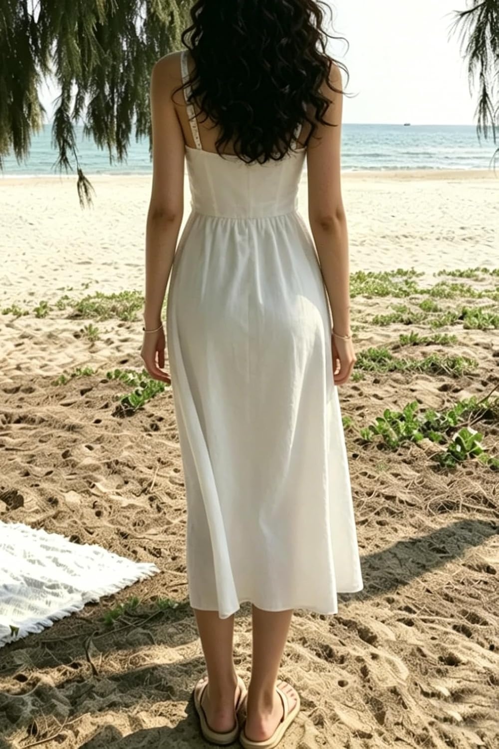image:imageRVivimos Womens Summer Midi Milkmaid Dress Sleeveless Square Neck Button Up Cottagecore ALine Flowy Long Sun DressWhite