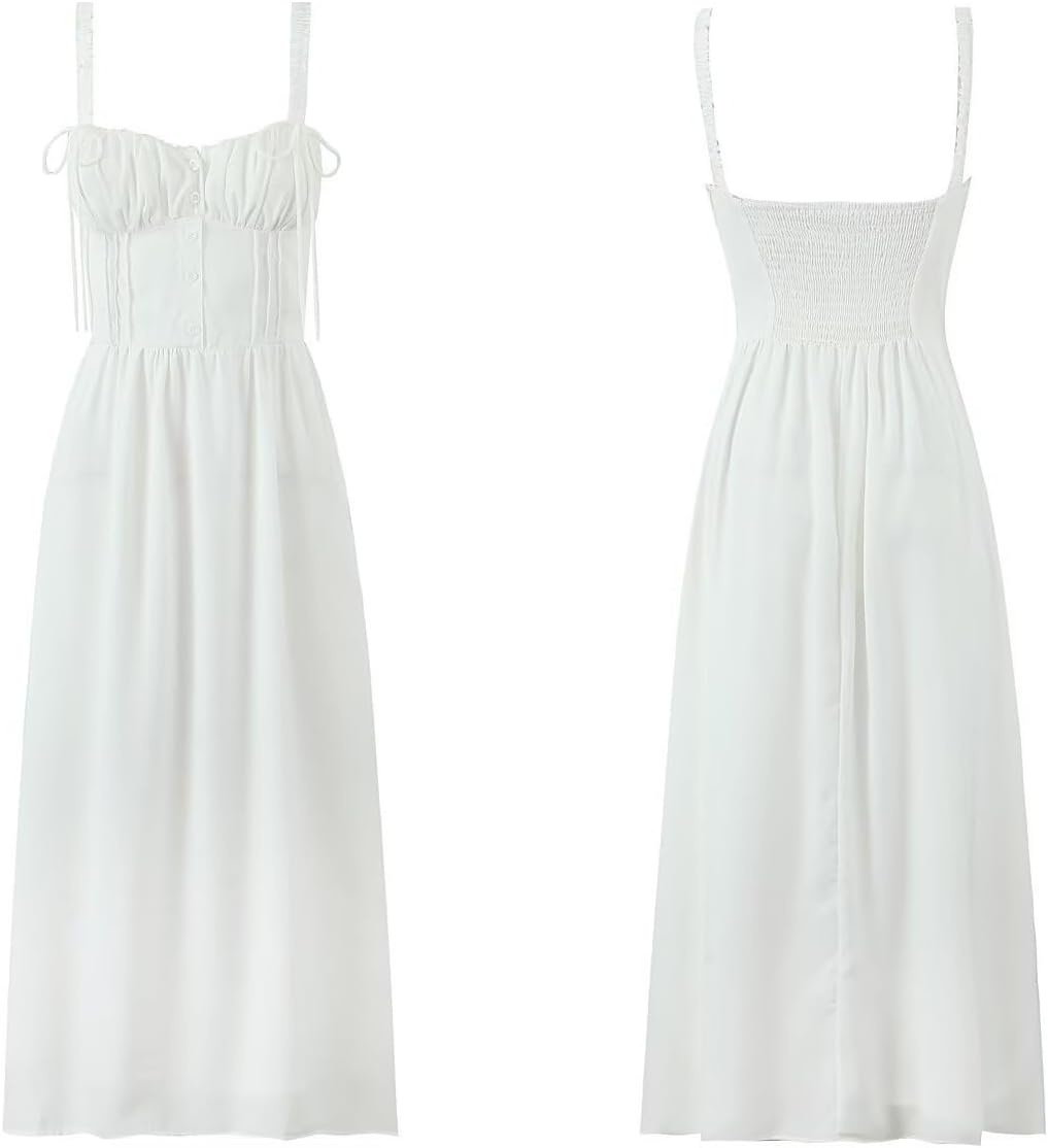 image:imageRVivimos Womens Summer Midi Milkmaid Dress Sleeveless Square Neck Button Up Cottagecore ALine Flowy Long Sun DressWhite