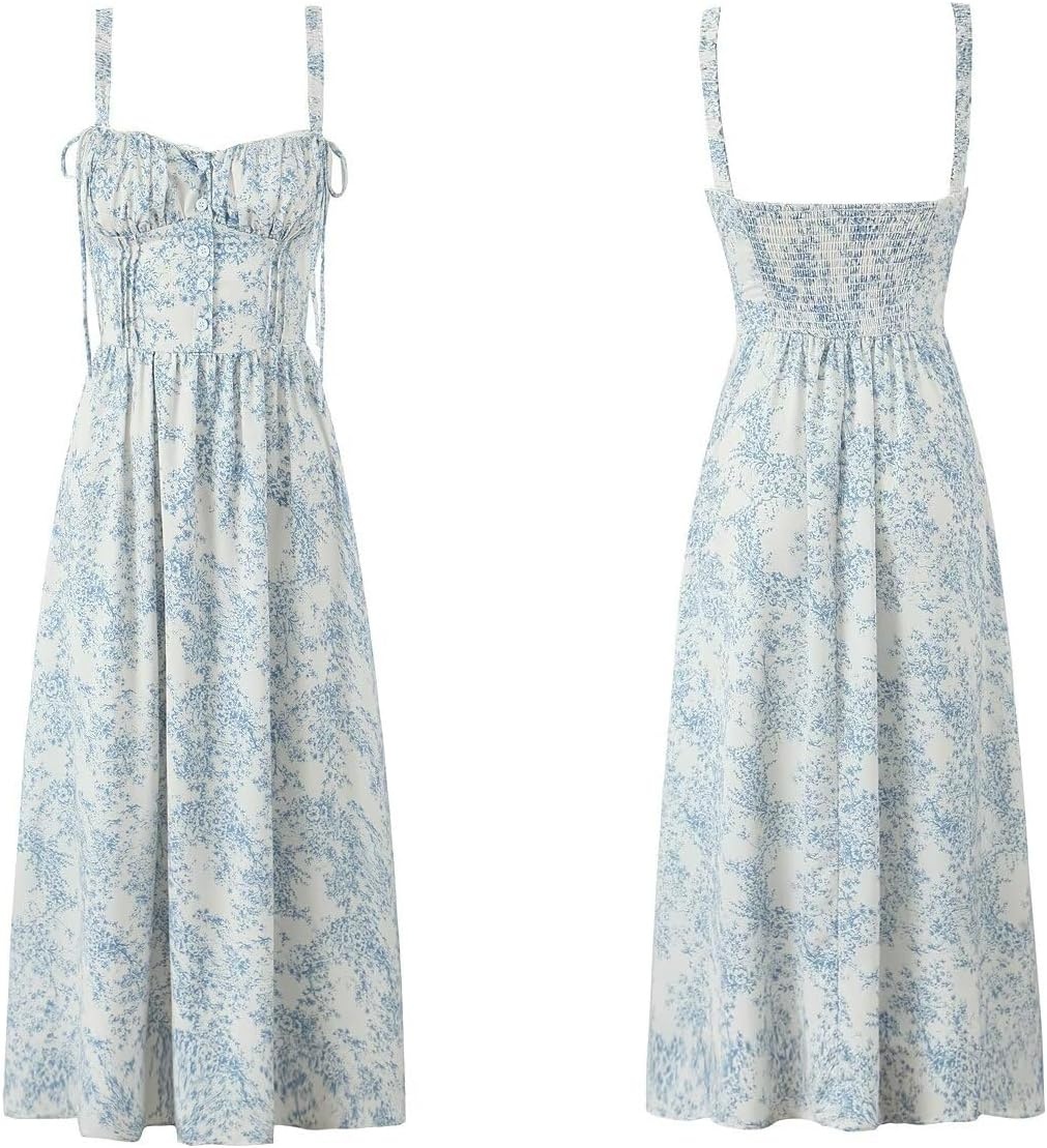 image:imageRVivimos Womens Summer Midi Milkmaid Dress Sleeveless Square Neck Button Up Cottagecore ALine Flowy Long Sun DressWhite Blue
