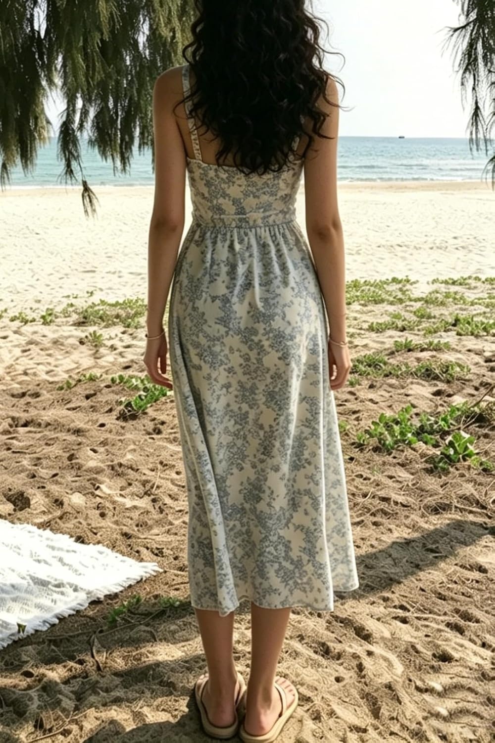 image:imageRVivimos Womens Summer Midi Milkmaid Dress Sleeveless Square Neck Button Up Cottagecore ALine Flowy Long Sun DressWhite Blue