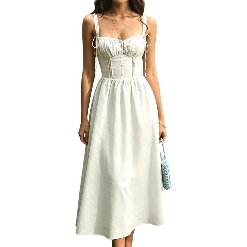 image:imageRVivimos Womens Summer Midi Milkmaid Dress Sleeveless Square Neck Button Up Cottagecore ALine Flowy Long Sun DressWhite