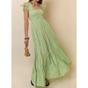 image:imageRVivimos 2026 Summer Cotton Plaid Maxi Dresses for Women Flutter Sleeve Square Neck Smocked Ruffle Flowy Tiered Casual DressGreen