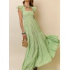 image:imageRVivimos 2026 Summer Cotton Plaid Maxi Dresses for Women Flutter Sleeve Square Neck Smocked Ruffle Flowy Tiered Casual DressGreen