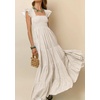 image:imageRVivimos 2026 Summer Cotton Plaid Maxi Dresses for Women Flutter Sleeve Square Neck Smocked Ruffle Flowy Tiered Casual DressKhaki