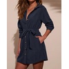 image:imageRVivimos Corduroy Cotton Mini Dress Fall Winter 2026 Casual Long Sleeve Button Down Belted Shirt Dress with PocketsNavy Blue