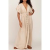 image:imageRVivimos Maxi Dresses for Women 2026 Summer Short Sleeve V Neck Drawstring Tie Boho Loose Flowy Long Dresses with PocketsBeige