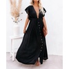 image:imageRVivimos Maxi Dresses for Women 2026 Summer Short Sleeve V Neck Drawstring Tie Boho Loose Flowy Long Dresses with PocketsBlack