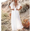 image:imageRVivimos Maxi Dresses for Women 2026 Summer Short Sleeve V Neck Drawstring Tie Boho Loose Flowy Long Dresses with PocketsWhite