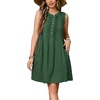 image:imageRVivimos Sleeveless Cotton Casual Dresses for Women Summer 2026 Button Up Ruched Loose Tunic Mini Dress with PocketsDark Green