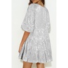 image:imageRVivimos Sparkly Sequin Babydoll Dress for Women 2025 Summer Short Sleeve Loose Tiered Swing Tunic Mini Dress ClubwearSilver
