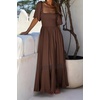 image:imageRVivimos Summer Boho Maxi Dresses for Women 2026 Puff Sleeve Square Neck Smocked Casual Slit Flowy Long Dress with PocketsBrown