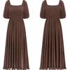 image:imageRVivimos Summer Boho Maxi Dresses for Women 2026 Puff Sleeve Square Neck Smocked Casual Slit Flowy Long Dress with PocketsBrown