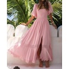 image:imageRVivimos Summer Boho Maxi Dresses for Women 2026 Puff Sleeve Square Neck Smocked Casual Slit Flowy Long Dress with PocketsPink