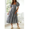 image:imageRVivimos Summer Boho Plaid Midi Dresses for Women 2026 Puff Sleeve Square Neck Casual Smocked Ruffle Tiered Flowy DressesBlack