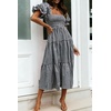 image:imageRVivimos Summer Boho Plaid Midi Dresses for Women 2026 Puff Sleeve Square Neck Casual Smocked Ruffle Tiered Flowy DressesBlack