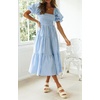 image:imageRVivimos Summer Boho Plaid Midi Dresses for Women 2026 Puff Sleeve Square Neck Casual Smocked Ruffle Tiered Flowy DressesLight Blue