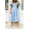 image:imageRVivimos Summer Boho Plaid Midi Dresses for Women 2026 Puff Sleeve Square Neck Casual Smocked Ruffle Tiered Flowy DressesLight Blue