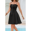 image:imageRVivimos Summer Cotton Spaghetti Strap Dresses for Women 2026 Boho Stretchy Ruched Button Down Swing Mini DressBlack