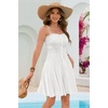 image:imageRVivimos Summer Cotton Spaghetti Strap Dresses for Women 2026 Boho Stretchy Ruched Button Down Swing Mini DressWhite