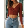 image:imageRVivimos Women Fall Basic Long Sleeves V Neck Button Down Ribbed Knit Crop Sweater Blouses TopsRust