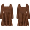 image:imageRVivimos Womens 2026 Fall Corduroy Cotton Long Sleeve Square Neck Elastic Smocked ALine Ruffle Mini DressBrown