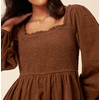 image:imageRVivimos Womens 2026 Fall Corduroy Cotton Long Sleeve Square Neck Elastic Smocked ALine Ruffle Mini DressBrown
