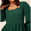 image:imageRVivimos Womens 2026 Fall Corduroy Cotton Long Sleeve Square Neck Elastic Smocked ALine Ruffle Mini DressDark Green