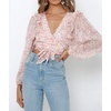 image:imageRVivimos Womens Chiffon Long Sleeves Floral Print Ruffled Boho VNeck Wrap Crop Blouses TopsPink