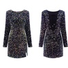 image:imageRVivimos Womens Sequin Bodycon Dress Fall Winter Velvet Warm Long Sleeve Crew Neck Sexy Backless Glitter Slit Mini DressNavyblue