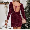 image:imageRVivimos Womens Sequin Bodycon Dress Fall Winter Velvet Warm Long Sleeve Crew Neck Sexy Backless Glitter Slit Mini DressWinered
