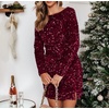 image:imageRVivimos Womens Sequin Bodycon Dress Fall Winter Velvet Warm Long Sleeve Crew Neck Sexy Backless Glitter Slit Mini DressWinered