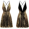 image:imageRVivimos Womens Sequin Dress Spaghetti Strap Sexy Deep V Neck Backless Glitter Club Party Skater Swing Mini DressBlack Gold