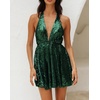image:imageRVivimos Womens Sequin Dress Spaghetti Strap Sexy Deep V Neck Backless Glitter Club Party Skater Swing Mini DressBlack Green