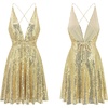image:imageRVivimos Womens Sequin Dress Spaghetti Strap Sexy Deep V Neck Backless Glitter Club Party Skater Swing Mini DressChampagne Gold