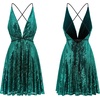 image:imageRVivimos Womens Sequin Dress Spaghetti Strap Sexy Deep V Neck Backless Glitter Club Party Skater Swing Mini DressDark Green