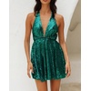 image:imageRVivimos Womens Sequin Dress Spaghetti Strap Sexy Deep V Neck Backless Glitter Club Party Skater Swing Mini DressDark Green
