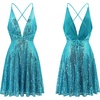 image:imageRVivimos Womens Sequin Dress Spaghetti Strap Sexy Deep V Neck Backless Glitter Club Party Skater Swing Mini DressLake Blue