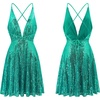 image:imageRVivimos Womens Sequin Dress Spaghetti Strap Sexy Deep V Neck Backless Glitter Club Party Skater Swing Mini DressLake Green