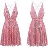 image:imageRVivimos Womens Sequin Dress Spaghetti Strap Sexy Deep V Neck Backless Glitter Club Party Skater Swing Mini DressPink