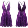 image:imageRVivimos Womens Sequin Dress Spaghetti Strap Sexy Deep V Neck Backless Glitter Club Party Skater Swing Mini DressPurple