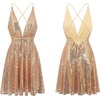 image:imageRVivimos Womens Sequin Dress Spaghetti Strap Sexy Deep V Neck Backless Glitter Club Party Skater Swing Mini DressRose Gold