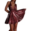 image:imageRVivimos Womens Sequin Dress Spaghetti Strap Sexy Deep V Neck Backless Glitter Club Party Skater Swing Mini DressWine Red