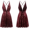 image:imageRVivimos Womens Sequin Dress Spaghetti Strap Sexy Deep V Neck Backless Glitter Club Party Skater Swing Mini DressWine Red