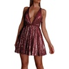 image:imageRVivimos Womens Sequin Dress Spaghetti Strap Sexy Deep V Neck Backless Glitter Club Party Skater Swing Mini DressWine Red