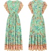 image:imageRVivimos Womens Summer 2026 Boho Floral Print V Neck Short Sleeve Drawstring Tie Casual Flowy Midi DressAqua
