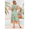 image:imageRVivimos Womens Summer 2026 Boho Floral Print V Neck Short Sleeve Drawstring Tie Casual Flowy Midi DressAqua