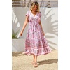 image:imageRVivimos Womens Summer 2026 Boho Floral Print V Neck Short Sleeve Drawstring Tie Casual Flowy Midi DressPink