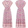 image:imageRVivimos Womens Summer 2026 Boho Floral Print V Neck Short Sleeve Drawstring Tie Casual Flowy Midi DressPink