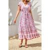 image:imageRVivimos Womens Summer 2026 Boho Floral Print V Neck Short Sleeve Drawstring Tie Casual Flowy Midi DressPink