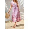 image:imageRVivimos Womens Summer 2026 Boho Floral Print V Neck Short Sleeve Drawstring Tie Casual Flowy Midi DressPink